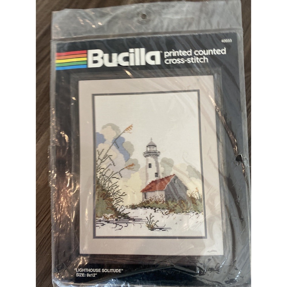 VTG Bucilla Lighthouse Solitude Printed Counted Cross Stitch Kit 9x12 40033 USA